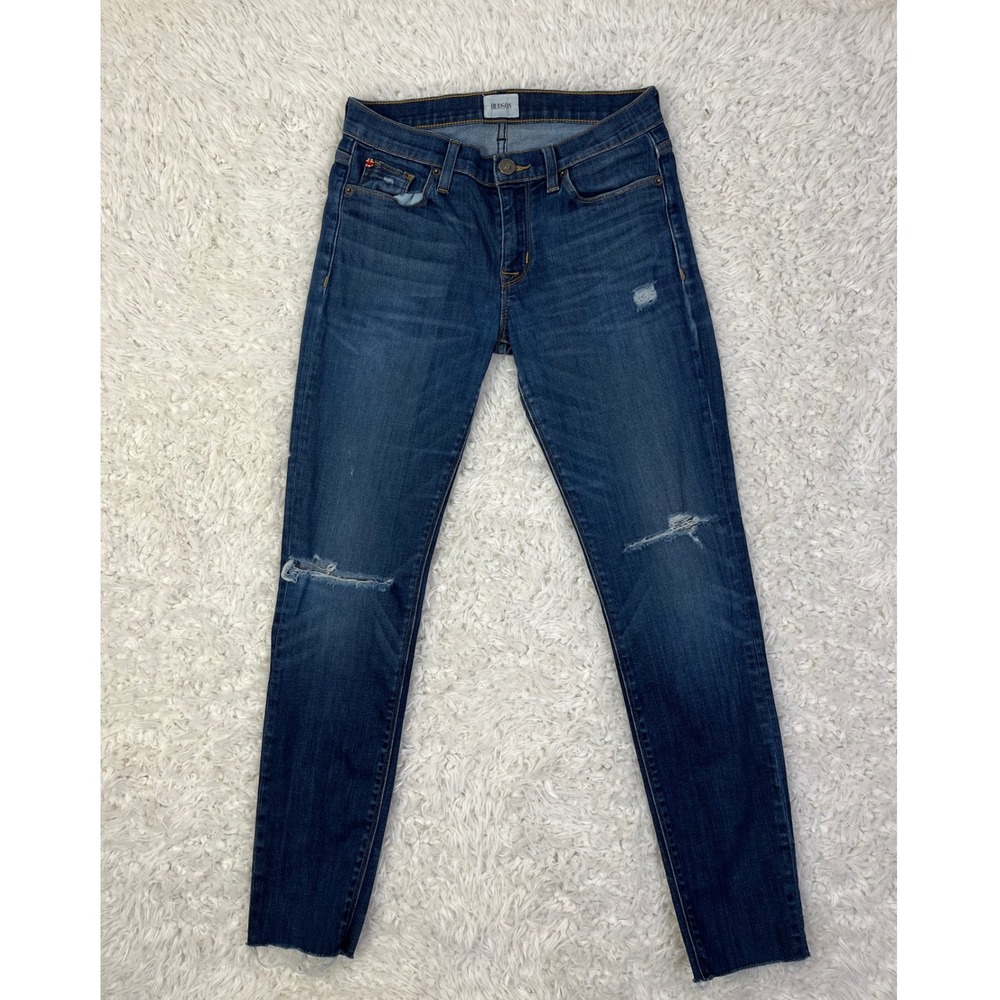 Hudson Nico Mid-Rise Grunge Super Skinny Distressed Raw Hem Jeans Dark Wash 26